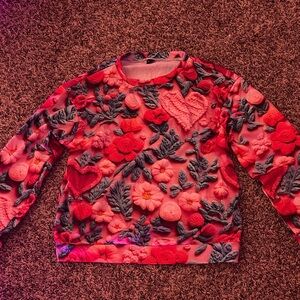 SHEIN Red and Gray Floral Textured Sweater